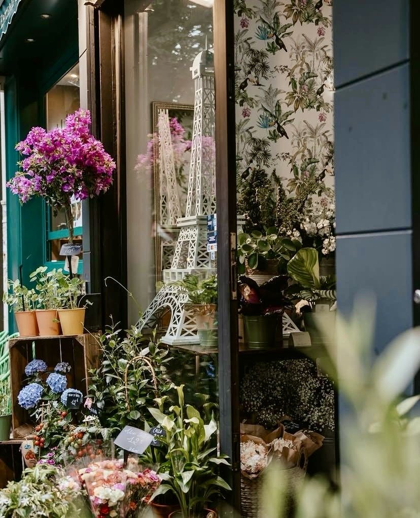 La vitrine et sa tour Eiffel décorative, hortensias et plantes